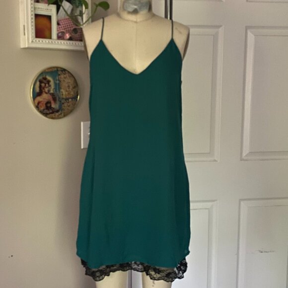 FOREVER 21 Teal Green Black lace trim Spaghetti strap MINI Dress *SMALL* - Picture 1 of 5